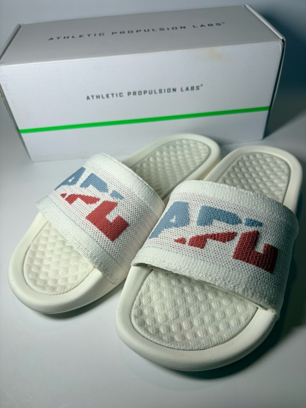 APL White Slide Sandals with Red and Blue Logo women's size 5 - Picture 3 of 5